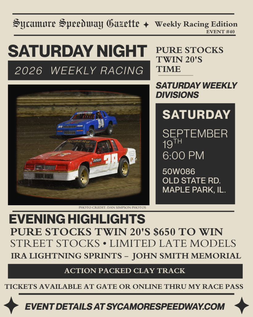 September 19 – Saturday Night Racing (Pure Stock Twin 20’s)