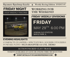 May 29 – Friday Night Racing (Compact 25 Lapper + Hooptie 4/6 Demo)